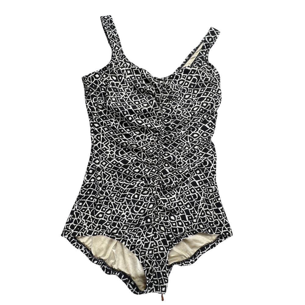 MAXINE OF HOLLYWOOD Womens 18 Black White Geometric Ruched One Piece Swimsuit